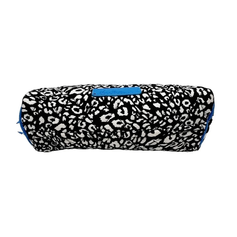 Vera Bradley Quilted Cosmetic Bag Black White Leopard Print Blue Trim Dome Pouch
